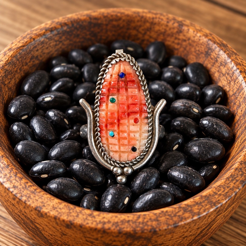 Vintage Native American Zuni Corn Pendant Orange Sterling Silver Inlay Detail